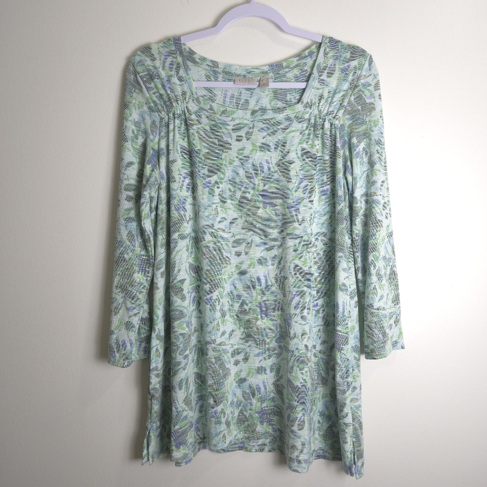 LOGO Lori Goldstein Artsy Floral Square neck 3/4 Sleeve Green Tunic Top S‎